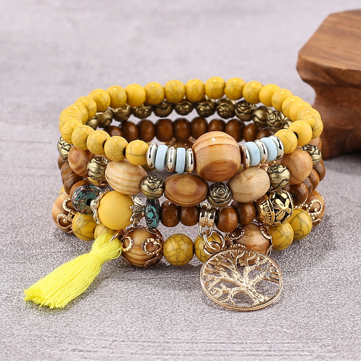 Boho Baum des Lebens Charme Perlenarmband Set - Gelb - 4er Set