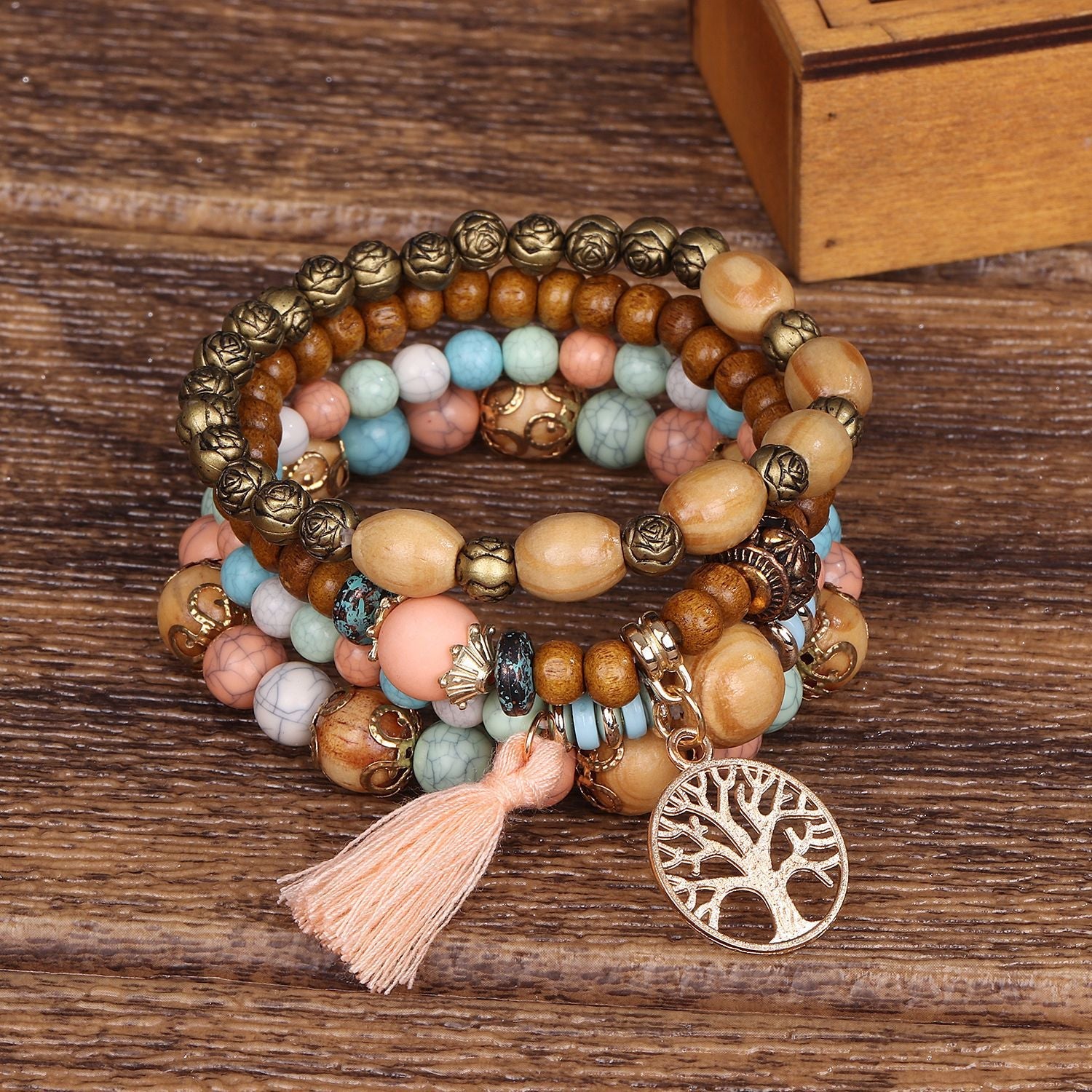 Boho Baum des Lebens Charme Perlenarmband Set - Rose - 4er Set