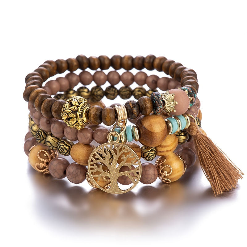 Boho Baum des Lebens Charme Perlenarmband Set - Braun - 4er Set