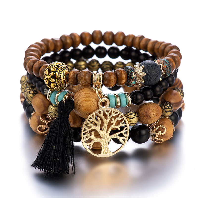 Boho Baum des Lebens Charme Perlenarmband Set - Black - 4er Set
