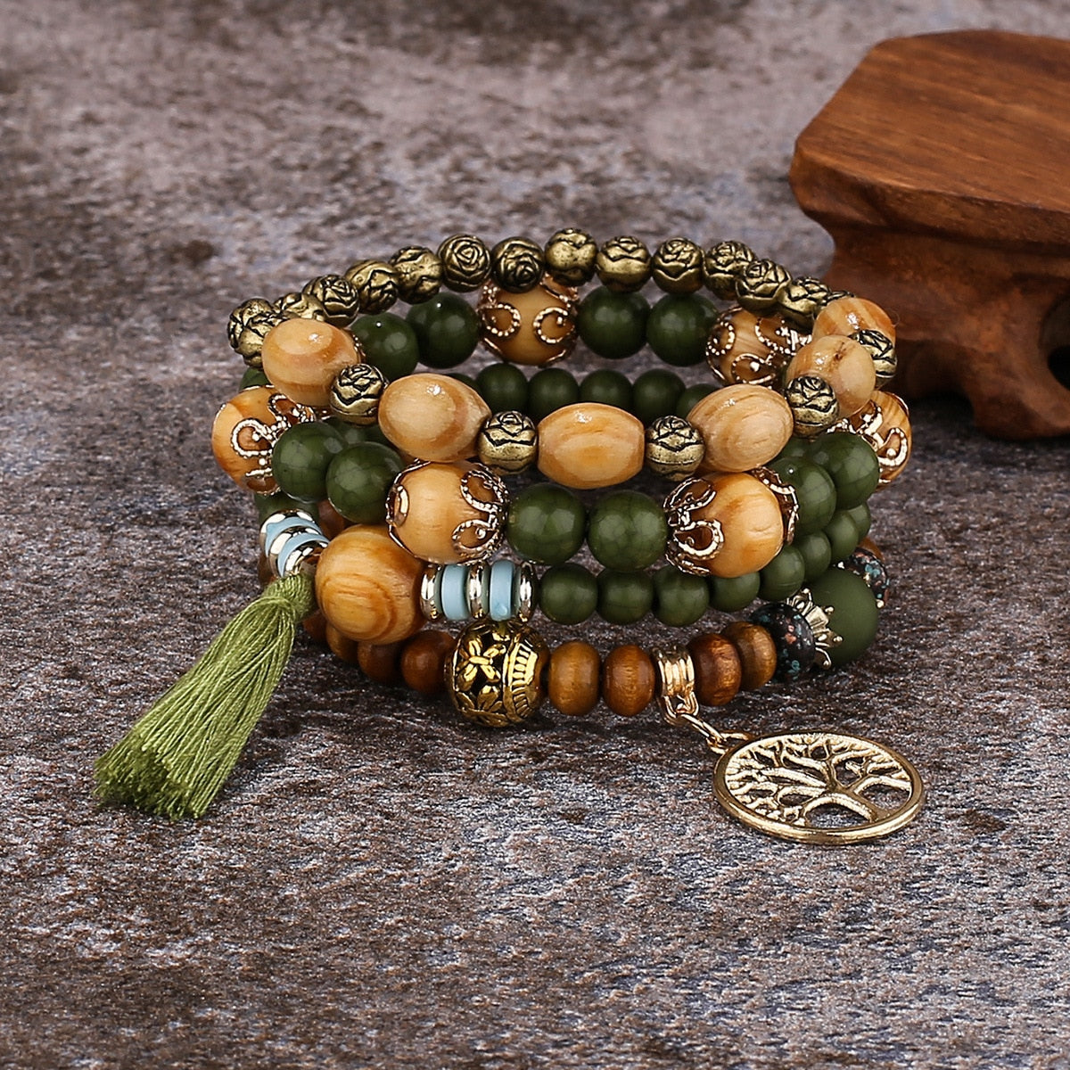Boho Baum des Lebens Charme Perlenarmband Set - Olive - 4er Set