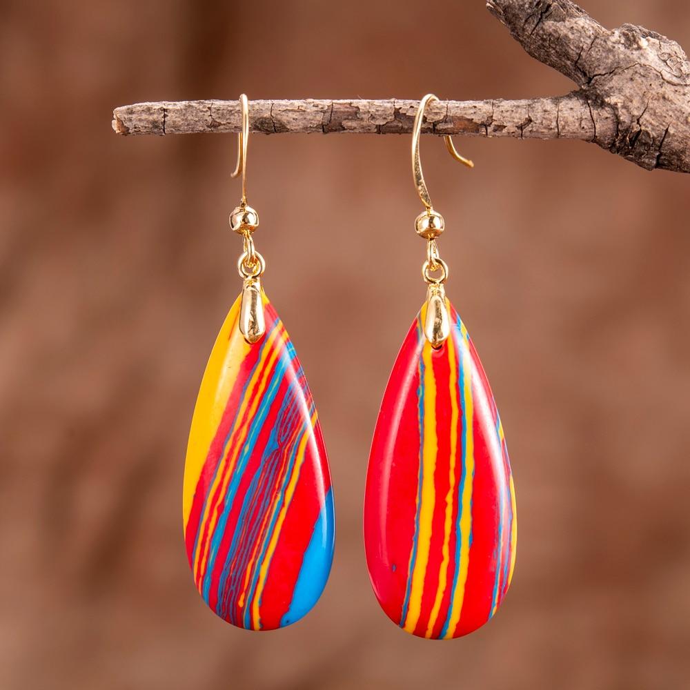 Khalee Samo gold Colorful Belt Water Drop Earrings Women Dangled Hook Regalite Stones