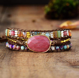 Khalee Samo Dunkles Leder Heilendes Rhodochrosit Wickelarmband | Boho | 100% Handgemacht