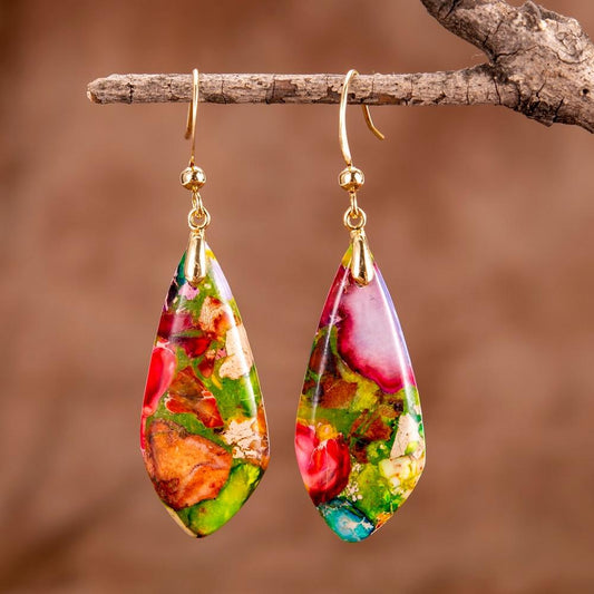 Khalee Samo gold Living Color Stones Dangled Hook Earrings Ladies Novelty Jewelry