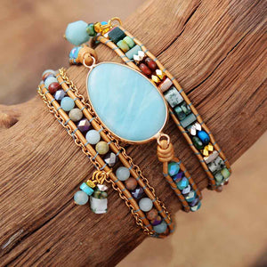 Khalee Samo Multilayered Leather Wrap Bracelet W/ Natural Stone Amazonite Beaded Strands Bracelet Boho Beads Jewelry Wholesale Dropship