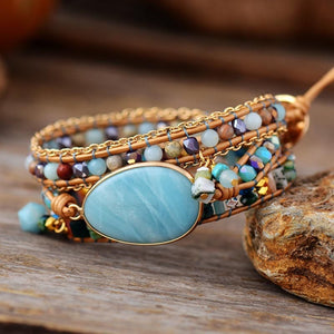Khalee Samo Multilayered Leather Wrap Bracelet W/ Natural Stone Amazonite Beaded Strands Bracelet Boho Beads Jewelry Wholesale Dropship