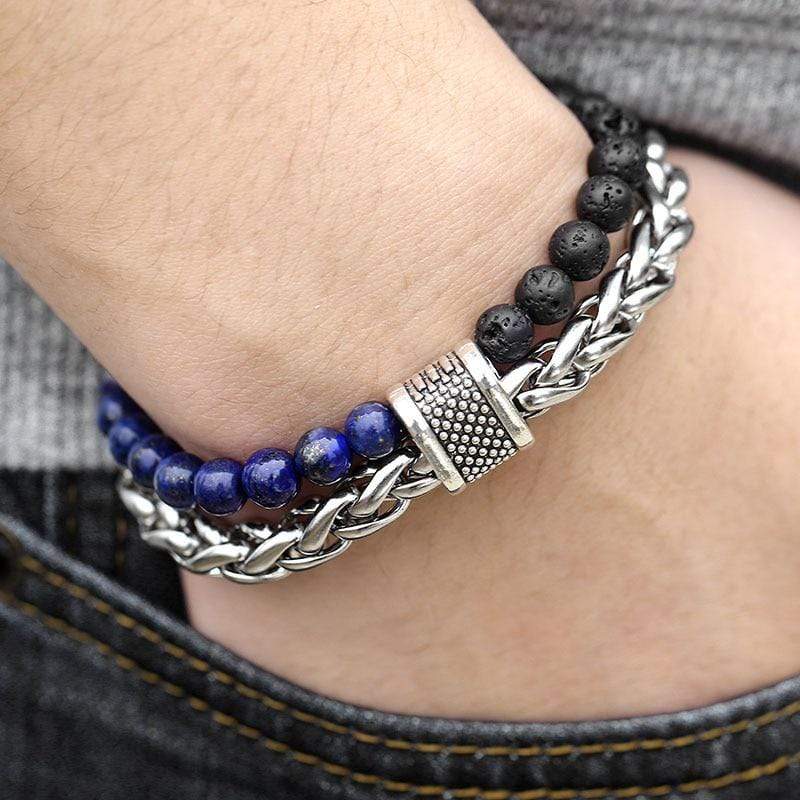 Isaiah - 8mm - Black Lava Stone & Lapis Lazuli Beaded Silver Leopard  Stretchy Bracelet